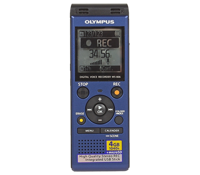 Диктофон цифровой Olympus WS-806, 4Gb, MP3/WMA/PCM, 1.6", USB, microSD, Blue-Black